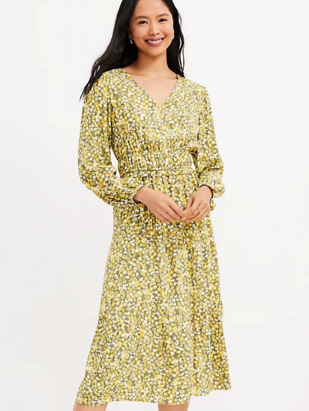 LOFT Floral Size M Green Yellow Long Sleeve Smocked Cottagecore Midi Dress